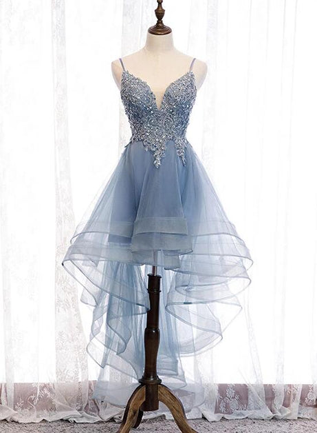 Blue High Low Tulle V-neckline Straps Party Dress With Lace Formal Cute Homecoming Dress Sa2350