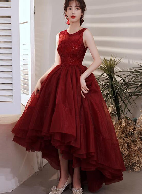 Wine Red Organza Lace High Low Chic Party Dresses Prom Dress Formal Homecoming Dresses Sa2376