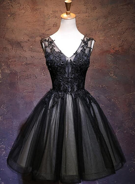 Black V-neckline Lace And Tulle Party Dress Formal Short Prom Dress Sa2382