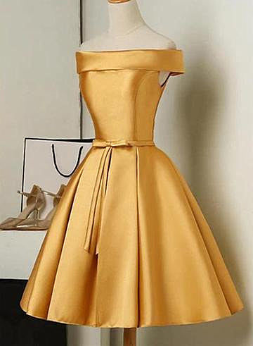 Gold Satin Sleeveless A-line Party Dress E
