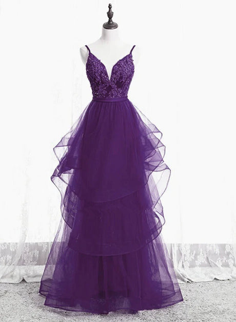 Purple Tulle Layers With Lace Long Evening Dresses Formal Prom Dress Party Dresses Sa2390