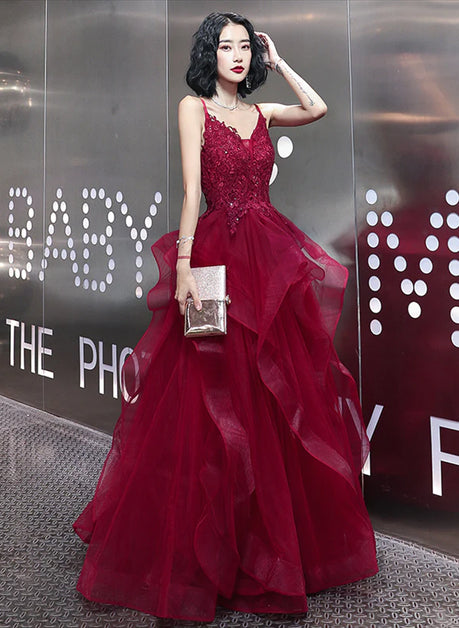 Wine Red Lace Applique V-neckline Long Straps Formal Dress Prom Dresses Sa2392