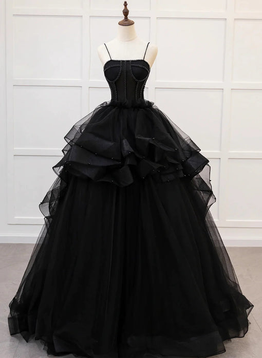 Black Straps Beaded Scoop Tulle Long Formal Dress Prom Evening Tulle Sweet 16 Dress Sa2397