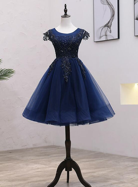 Navy Blue Tulle Beaded Knee Length Cap Sleeves Prom Dress Formal Homecoming Dress Sa2401