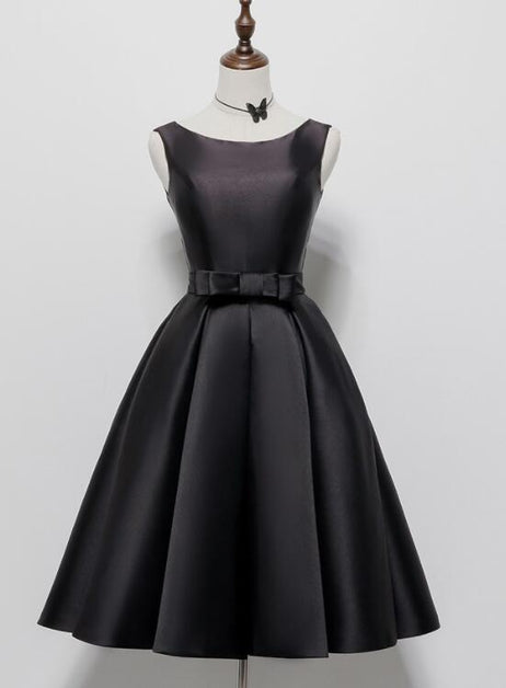 Satin Knee Length Round Neckline Party Dress Formal Black Short Prom Dress Sa2405