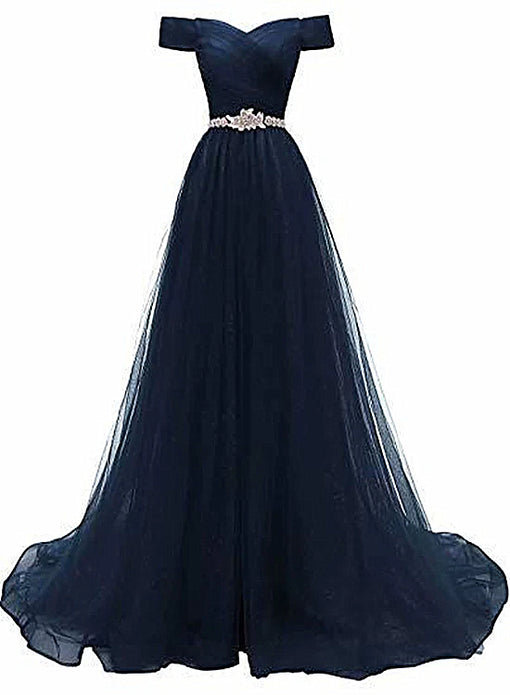 Off Shoulder Navy Blue Party Dress Formal A-line Tulle Blue Bridesmaid Dress Sa2408