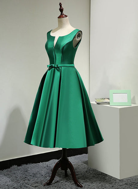 Green Satin Tea Length Bridesmaid Dress Formal Lovely Green Homecoming Dress Sa2414