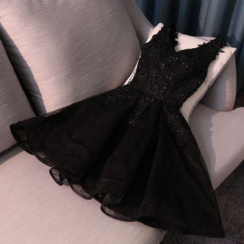 Black Lace V-neckline Short Homecoming Dress Formal Black Party Dress Sa2427