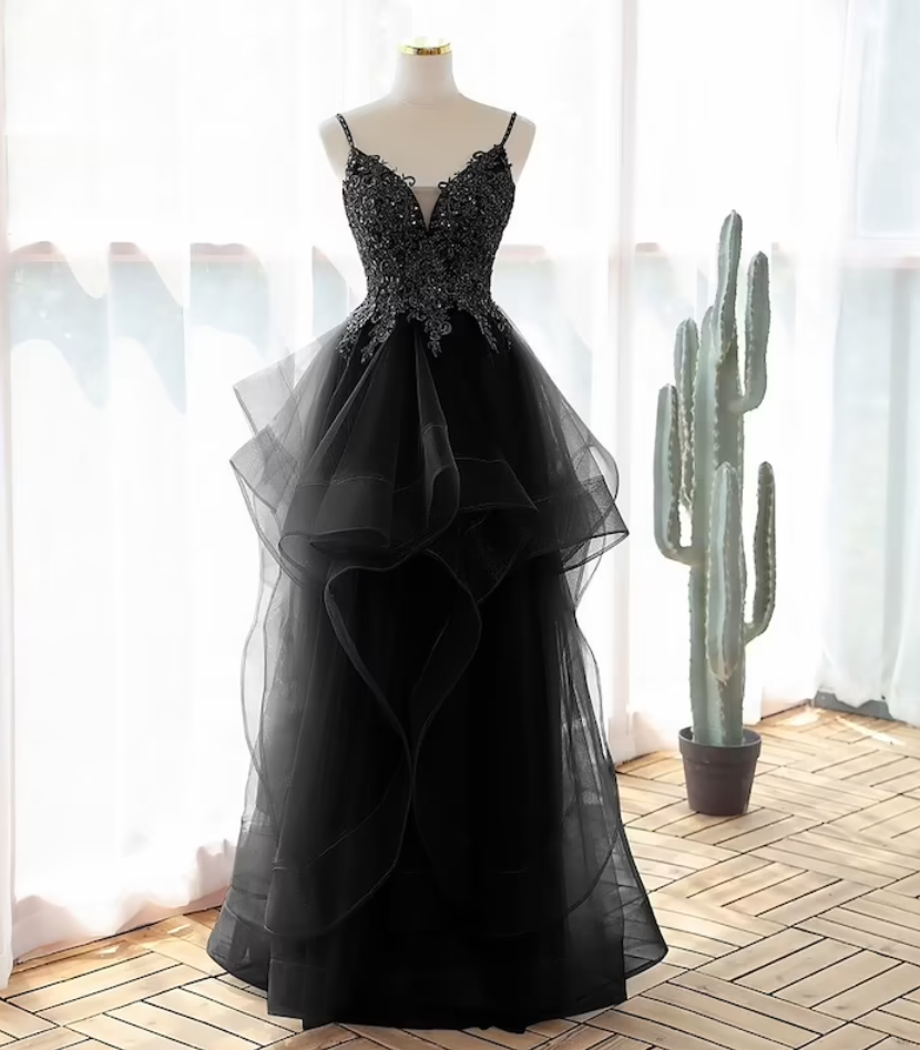Black Lace Tiered Evening Gown With Sequins on Luulla