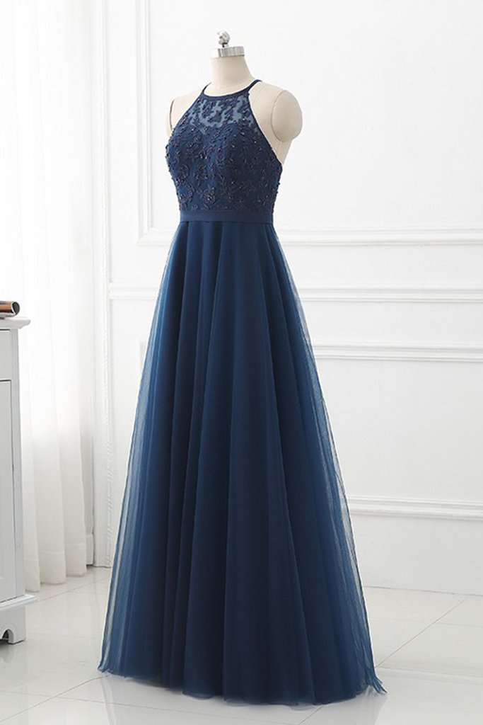 Navy Blue Lace Bodice Long Evening Gown