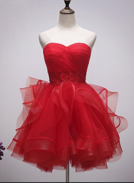 Strapless Red Tulle Party Dress With Lace