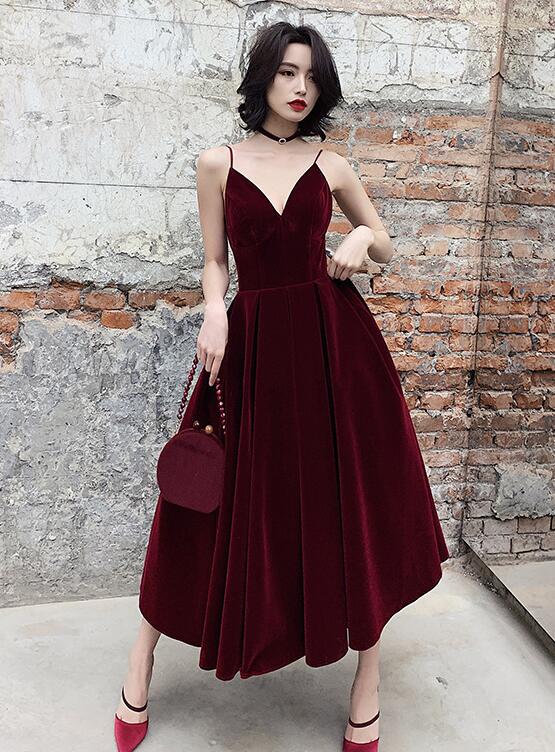 v neck red velvet dress Plunging V-Neck Red Velvet A-Line Prom Dress with Slit  FancyVestido