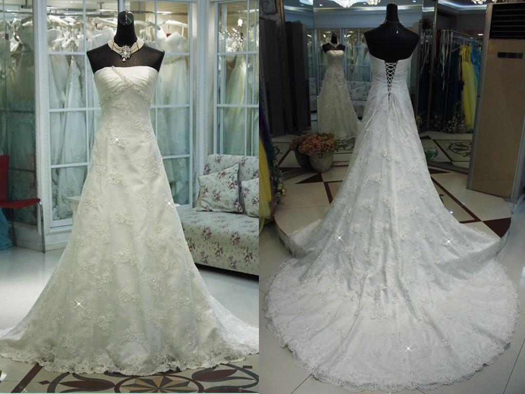 Custom 2014 new elegant modest A line long white/Ivory beading backless Wedding Dress prom / evening dress Bridal Gown D5
