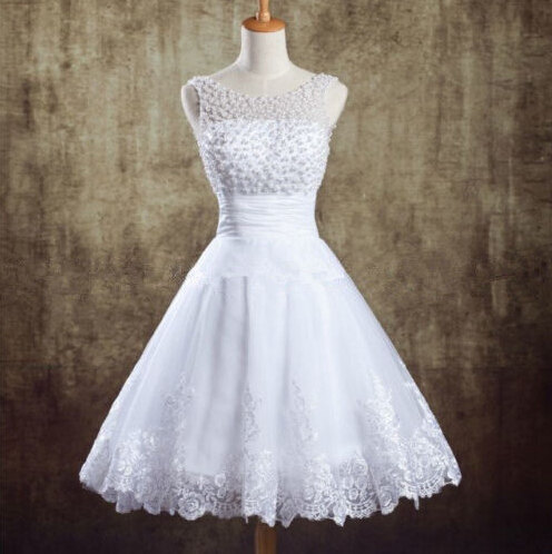 2015 Women's Fashion Plus Size Modest Beading Wedding Dress Prom Dresses Lace Up Knee Length Evening Part Dress Custom Made