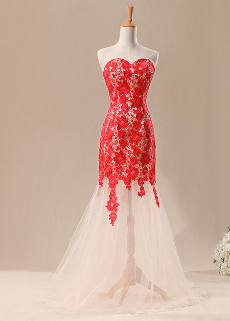 Strapless Sweetheart Lace Appliqués Sheer Mermaid Long Prom Dress, Evening Dress Featuring Lace-up Back