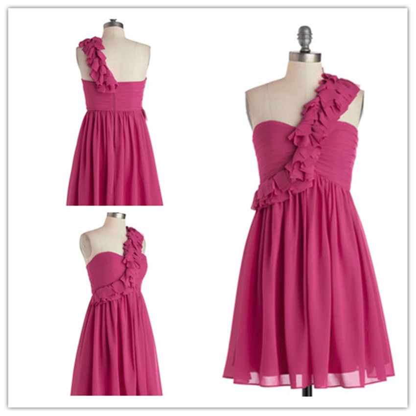 2015 Fashion One Shoulder Knee Length Purple Chiffon Prom Dresses Evening Dress Bridesmaid Dresses Custom Made L69