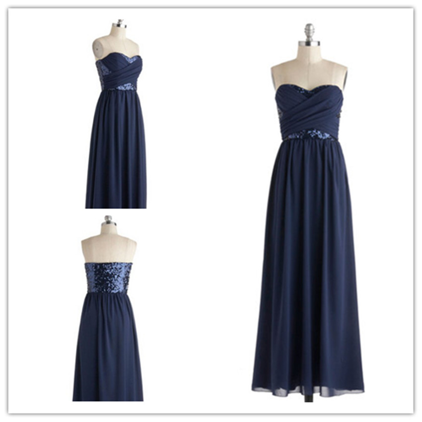 2015 Fashion Strapless Full Length Navy Blue Prom Dresses Evening Dress Bridesmaid Dresses Custom Made L76