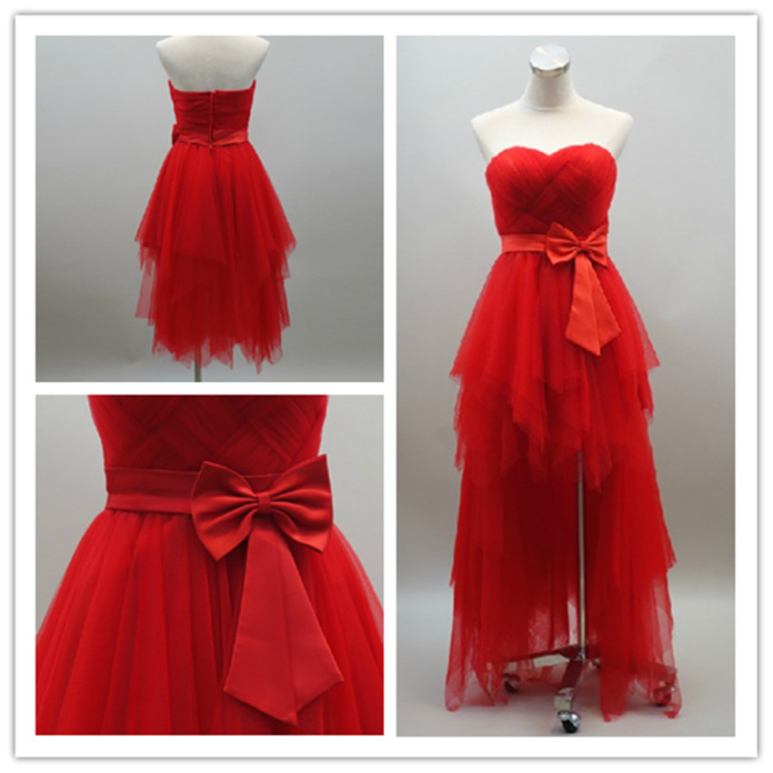 2015 Fashion Strapless Hi-lo Full Length Red Prom Dresses Evening Dress Bridesmaid Dresses Custom Made L85