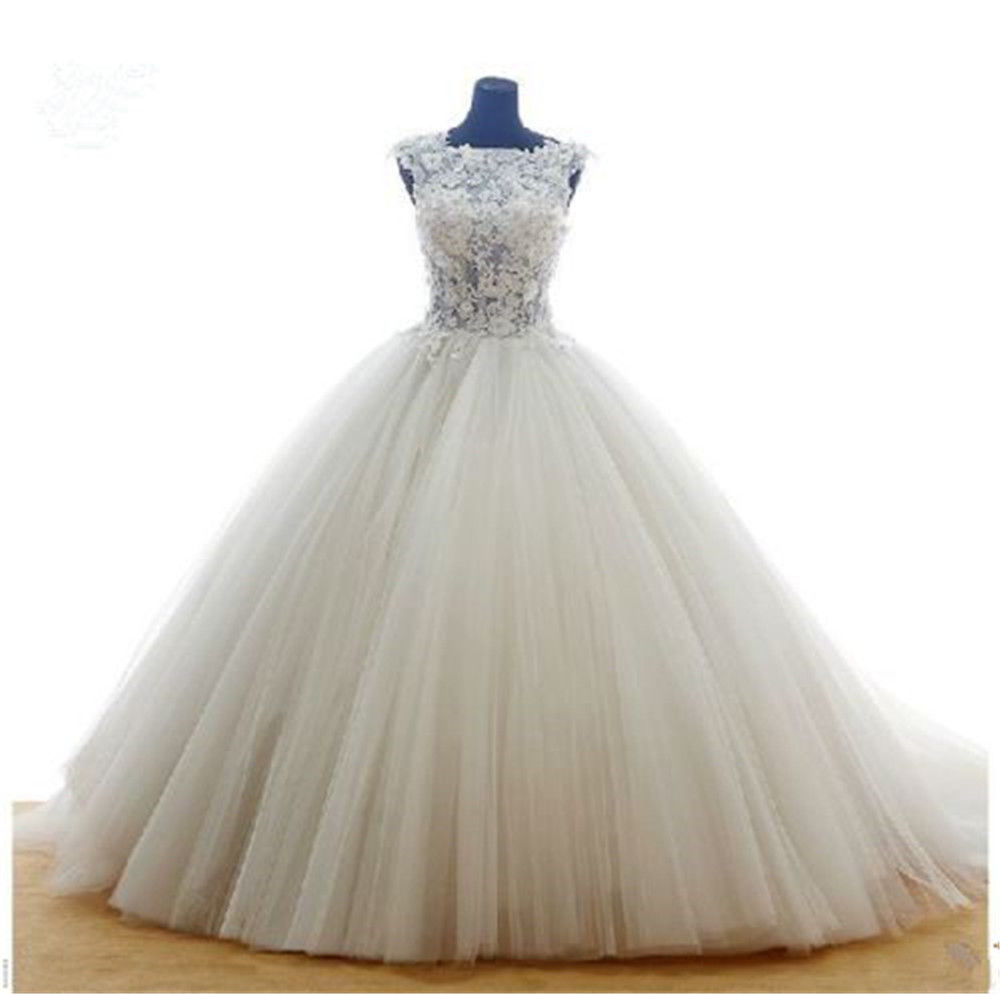 White/ivory Lace Cap Shoulder Full Length Wedding Dress Bridal Gown L10