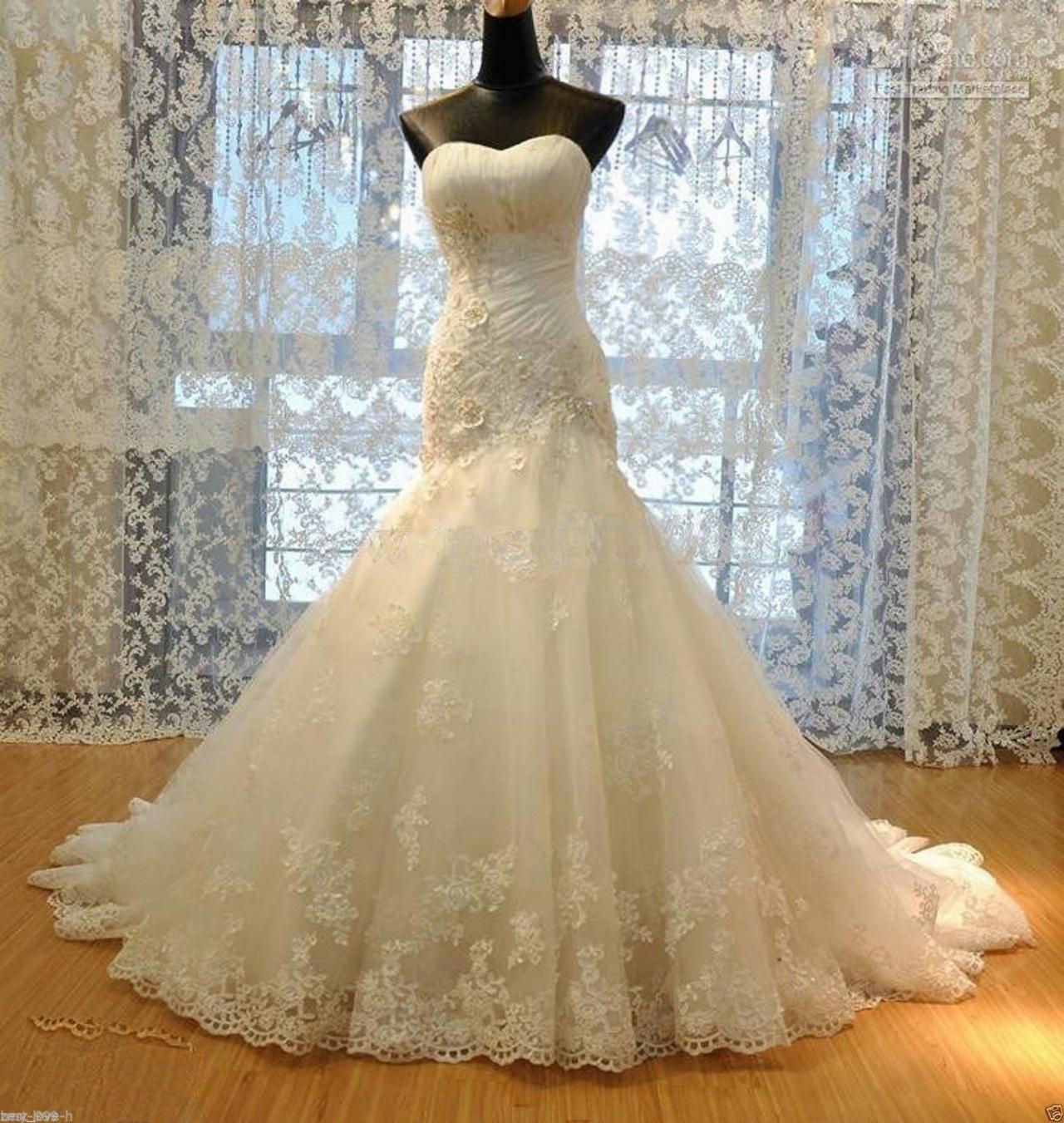 White/ivory Lace Strapless Applique Full Length Wedding Dress Bridal Gown L14