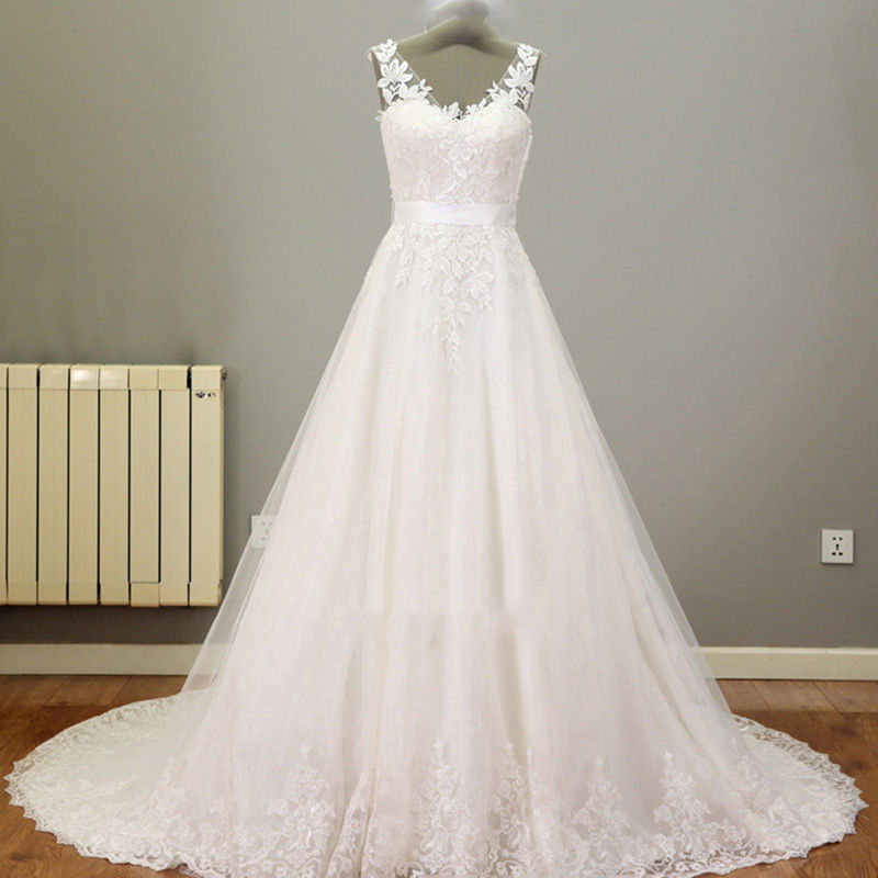 Custom White/ivory V Neck Lace Full Length Wedding Dress Bridal Gown L41