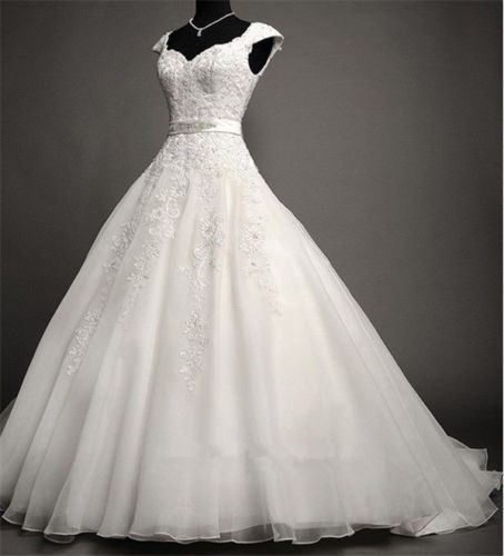 Custom White/ivory Cap Shoulder Lace Applique Full Length Wedding Dress Bridal Gown L48
