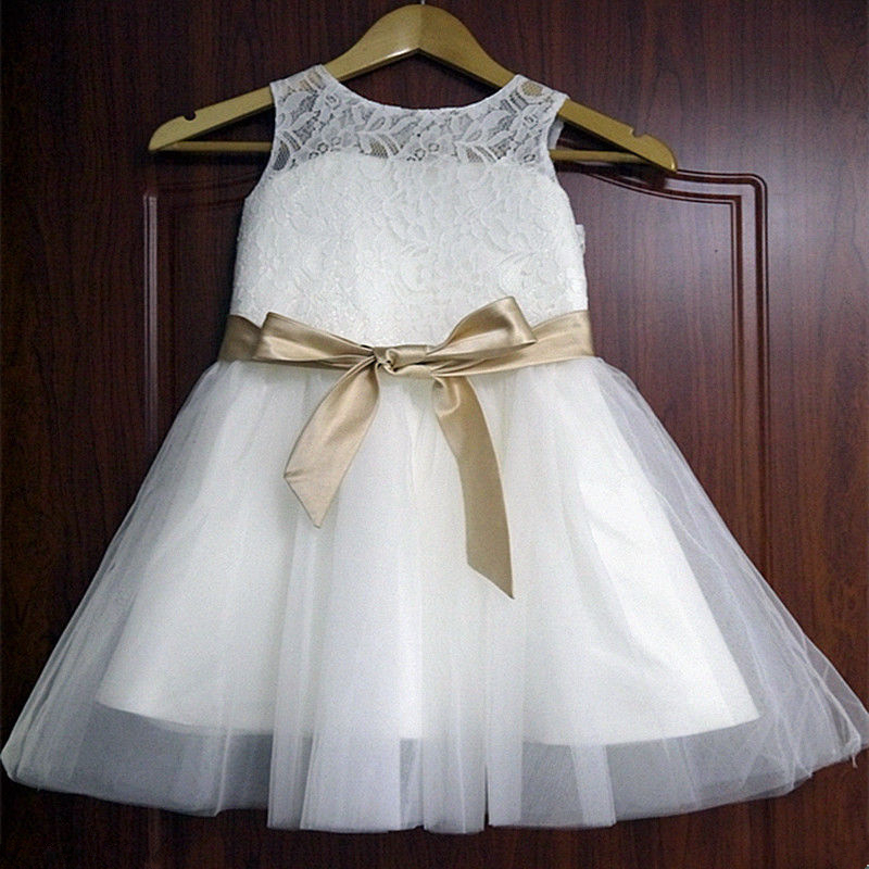 Lace Tulle Applique Bowknot Belt Wedding Party Dance Dress Flower Girl Dresses Xa22