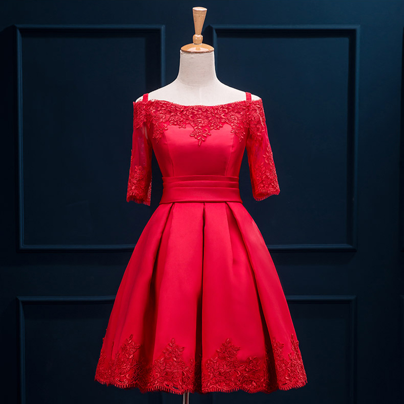 Prom Dresses 2016 Fast Elegant Wine Red Half Sleeves Short Lace Prom Dresses L112