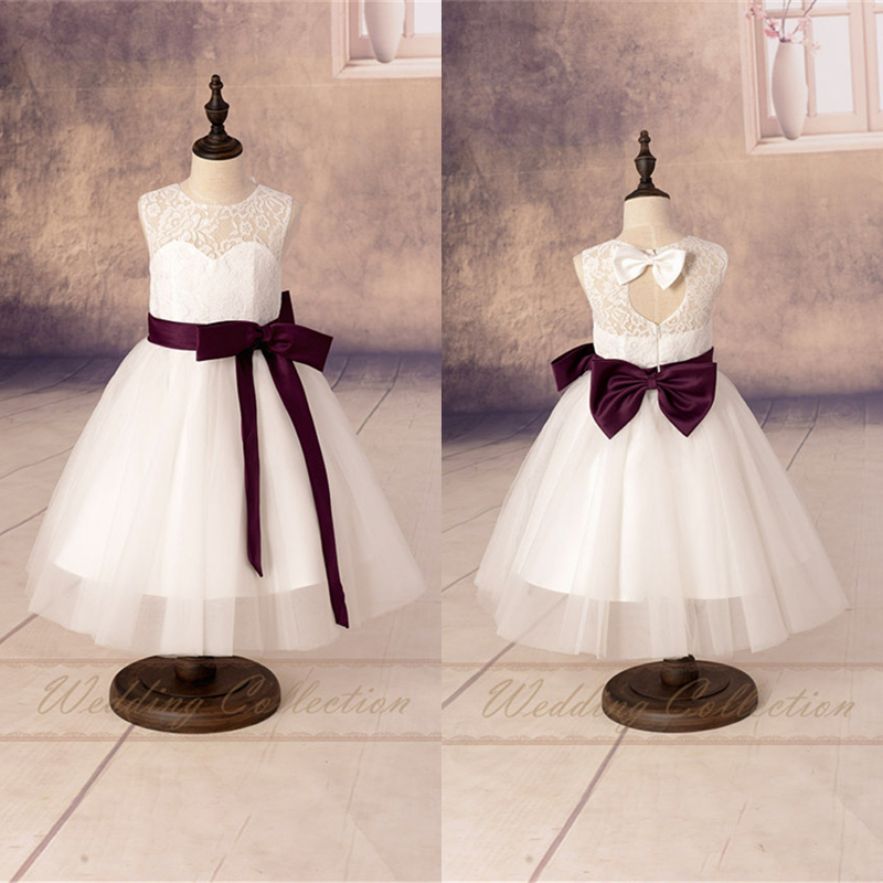 White/ivory Flower Girls Dresses,flower Girl Dress With Burgundy Sash And Bow W16