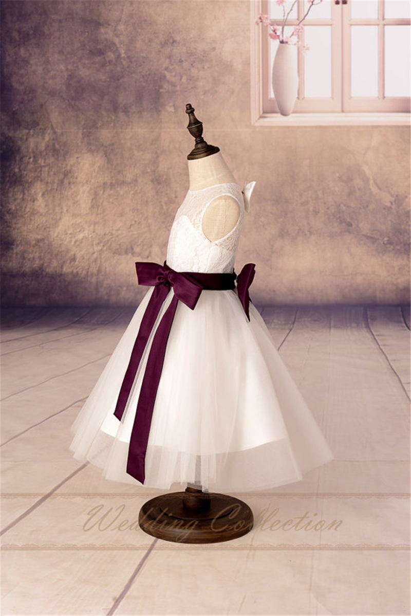White/ivory Flower Girls Dresses,flower Girl Dress With Burgundy Sash