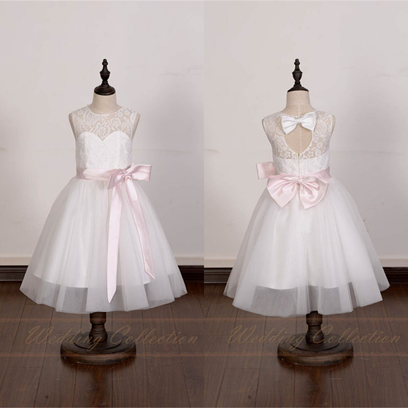 White Ivory Lace Tulle Flower Girl Dress With Pale Pink Sash And Bow W23