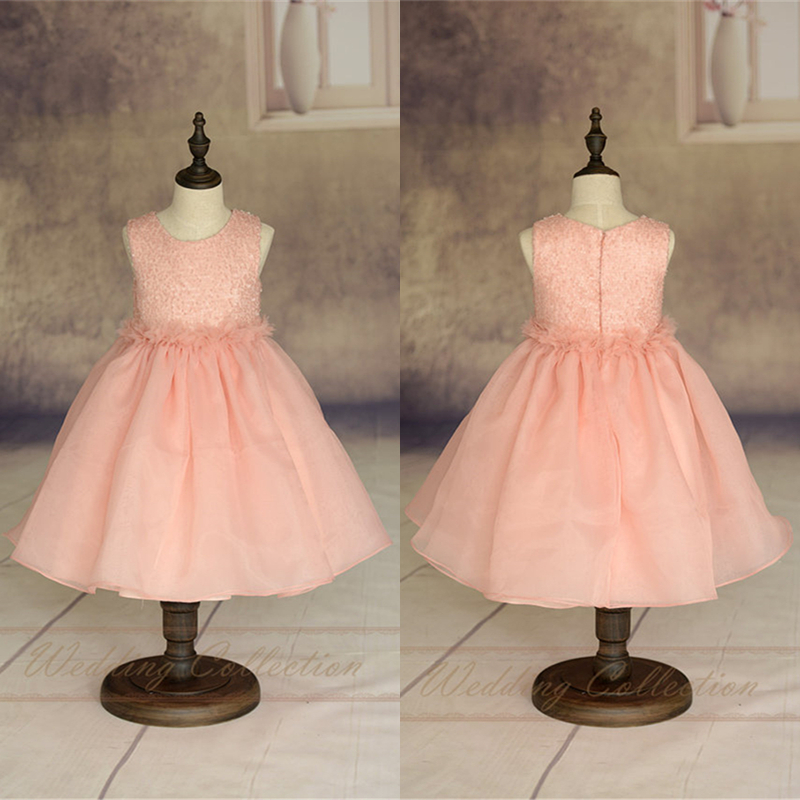 Blush Pink Flower Girl Dress Handmade Flowers Waistband Tulle Skirt W24