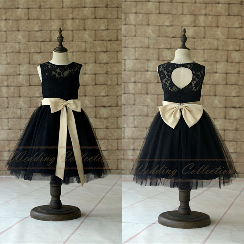 Black Lace Tulle Flower Girl Dress With Champagne Sash And Bow W55