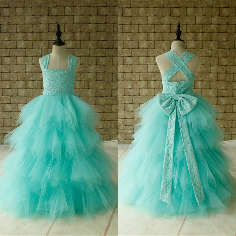 Lace Flower Girl Dress Cross Back Tulle Ball Gown Floor Length Mint Birthday Party Dress W64