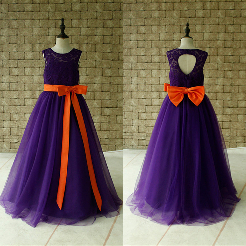 Purple Lace Flower Girl Dress Floor Length With Orange Sash And Bow Birthday Dress Made For Girls, Toddlers W65