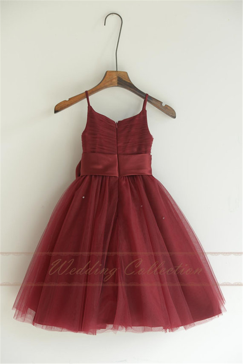 Classic Floral Lace Flower Girl Dress with Soft Tulle Skirt and Burgundy Waist Bow main image 1