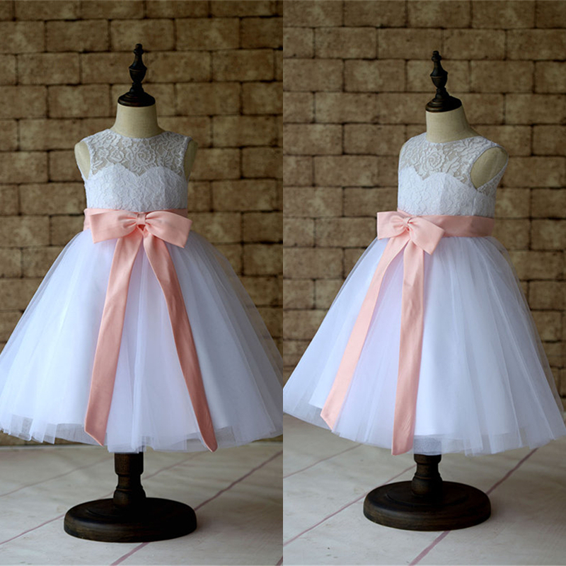 New Lace Tulle Flower Girl Dress Applique Neckline Wedding Party Dance Dress W92