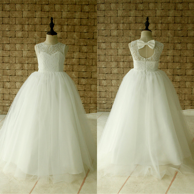 Lace Tulle Flower Girl Dress Applique Neckline Wedding Party Dance Dress W91