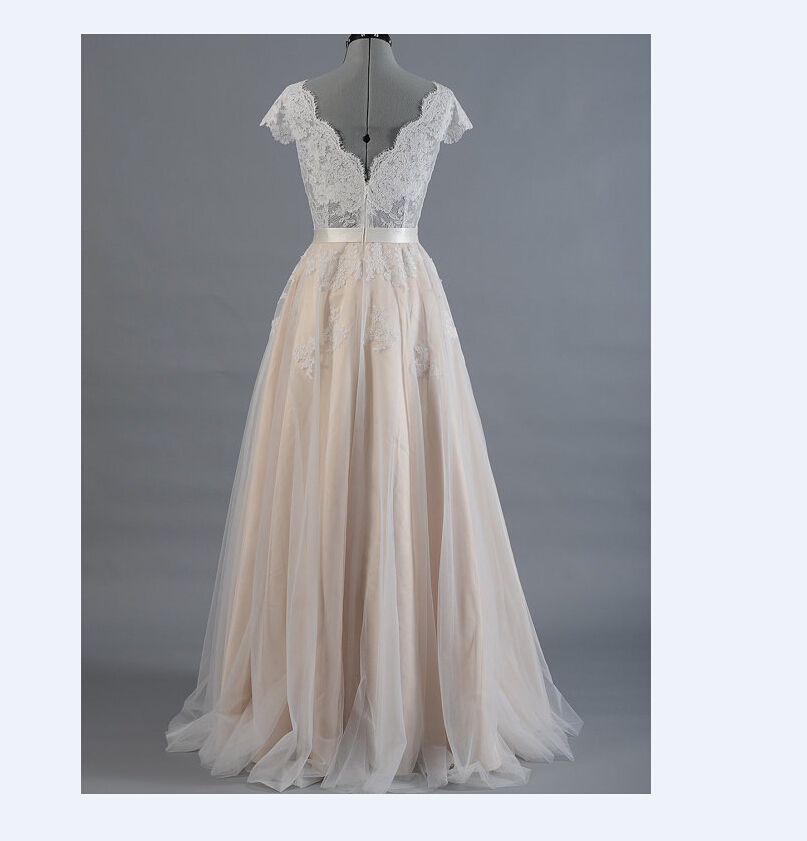 Vestido De Novia Lace A-line Wedding Dress Cap Sleeve V-back Bridal Gown Lace With Tulle W147