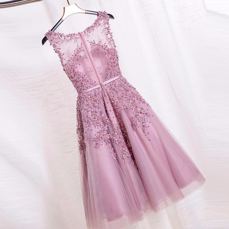 Dust Pink Beaded Lace Appliques Short Prom Dresses Robe De Soiree Knee Length Party Evening Dress