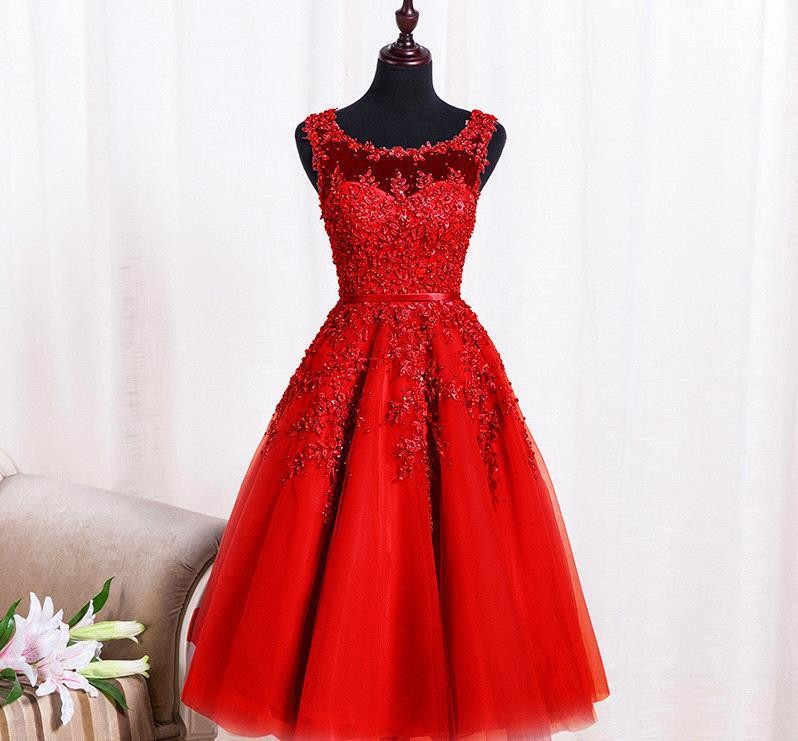 Red Beaded Lace Appliques Short Prom Dresses Robe Knee Length Party Evening Dress