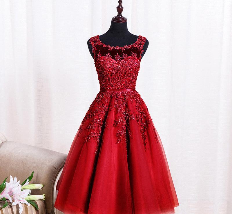 Wine Red Lace Appliques Short Prom Dresses Robe De Soiree Knee Length Party Evening Dress