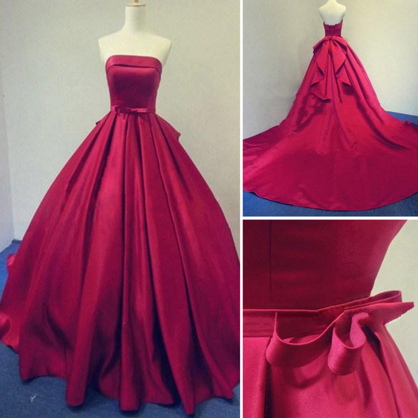 Long Burgundy Prom Dresses Ball Gowns Evening Party Gown Strapless Stain Lace-up Dress Real Photos