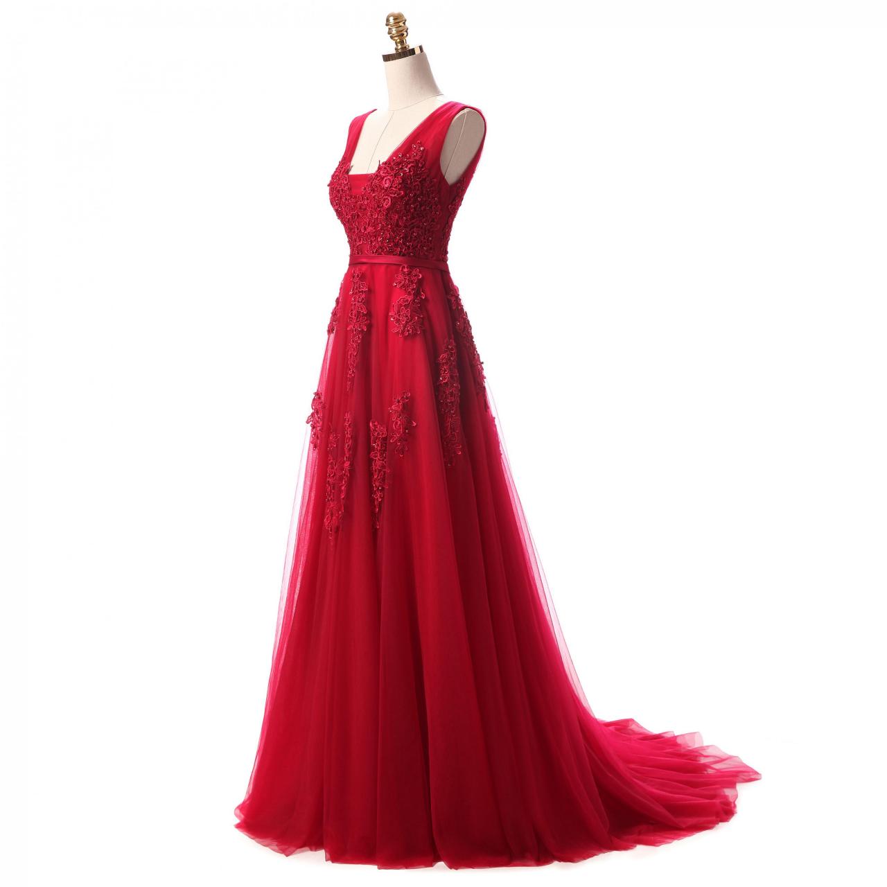 V-Neck Sleeveless Lace Appliqués A-line Long Prom Dress, Evening Dress ...