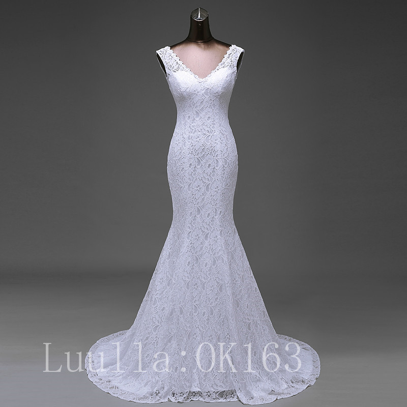 Women Fashion V Neck White/ivory Wedding Dress Bridal Gown Lace Dress Long Train Strapless Prom Dress Kk4