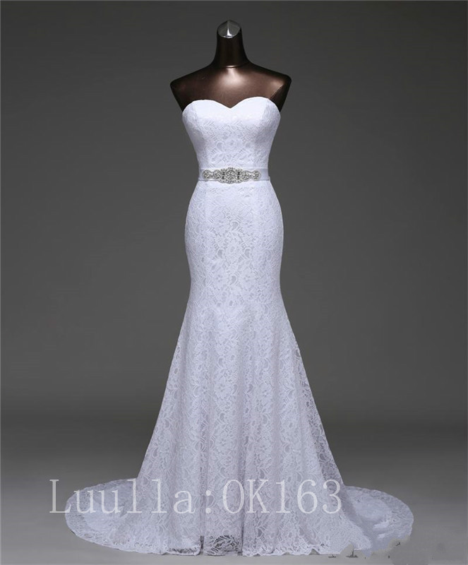 Women Fashion White/ivory Mermaid Wedding Dress Bridal Gown Lace Dress Long Train Strapless Prom Dress Kk5