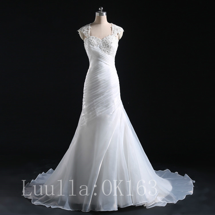 Women Fashion White/ivory Mermaid Wedding Dress Bridal Gown Organza Dress Long Train Strapless Prom Dress Kk10