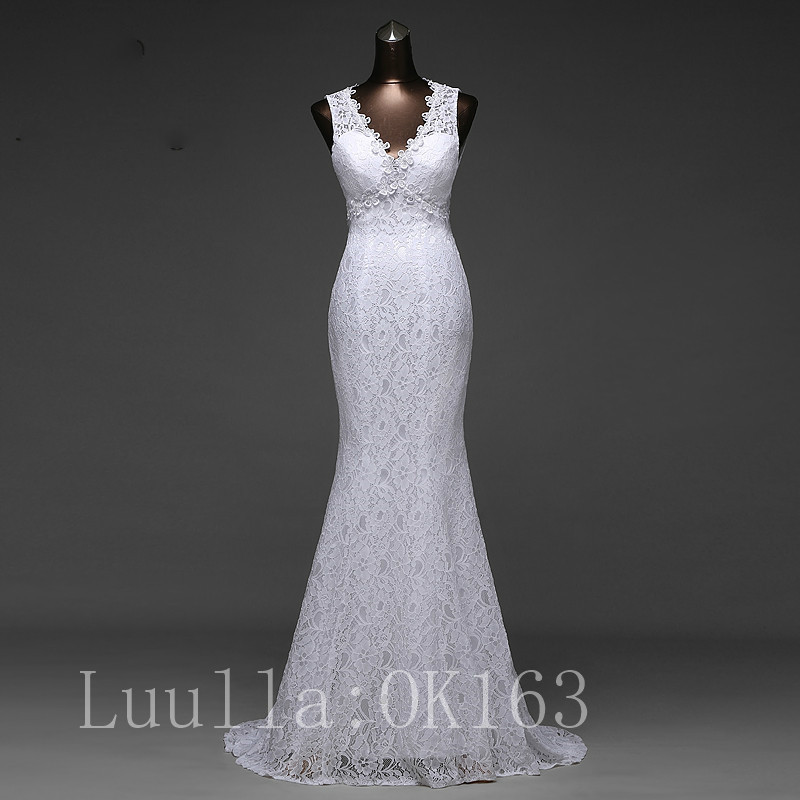 Sleeveless V-neck Lace Mermaid Wedding Dress Featuring Open Back