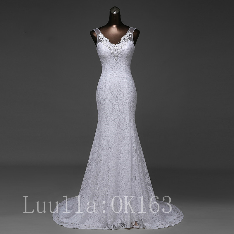 Women Fashion White/ivory Mermaid V Neck Wedding Dress Bridal Gown Lace Dress Long Train Prom Dress Kk14