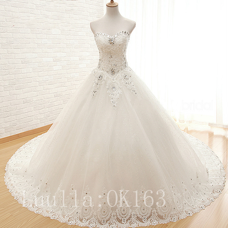 Women Fashion White/ivory Strapless Beaded Wedding Dress Bridal Gown Sexy Lace Dress Long Train Prom Dress Kk21